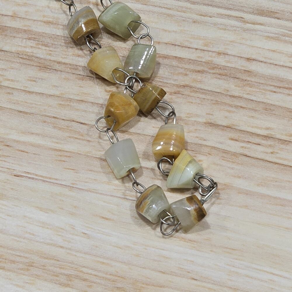 Retro Vintage White Yellow Onyx Mexican Agate Beaded Chain Pendant Necklace - Picture 7 of 12